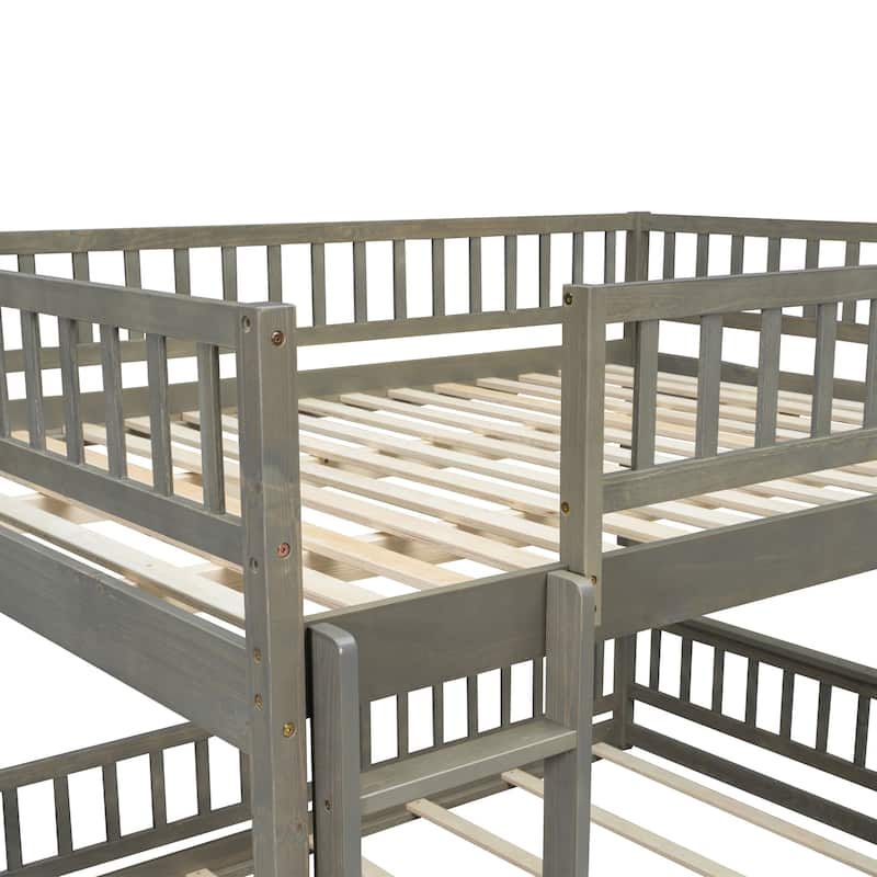Bunk Bed Frame with Ladder and Guardrails, Detachable Design Wooden Bunk Bedframe into 2 Separate Platform Beds