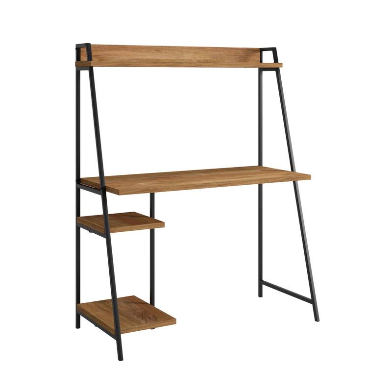 Wood Desk with Hutch and Thick Shelves, Brown