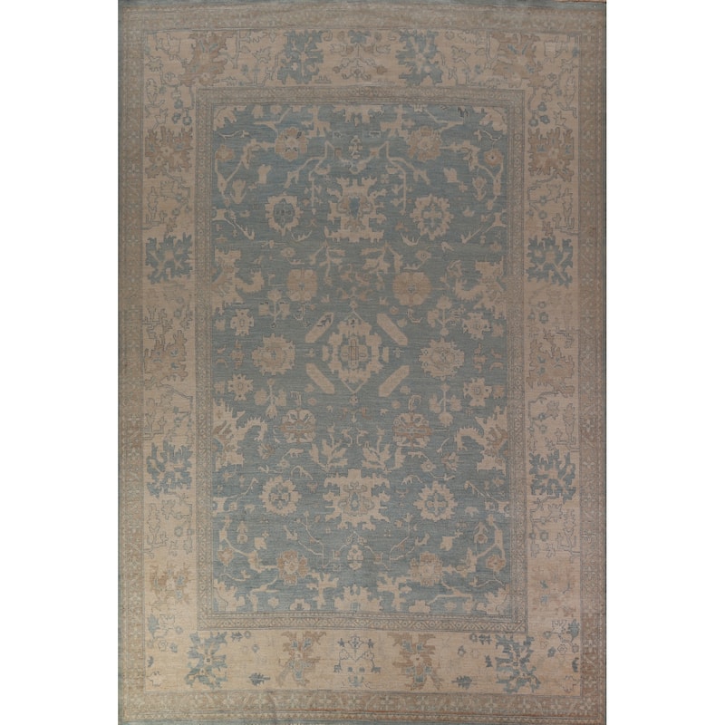 Floral Vegetable Dye Blue Oushak Turkishrug Hand-Knotted Wool Carpet - 9'7"x 13'3"