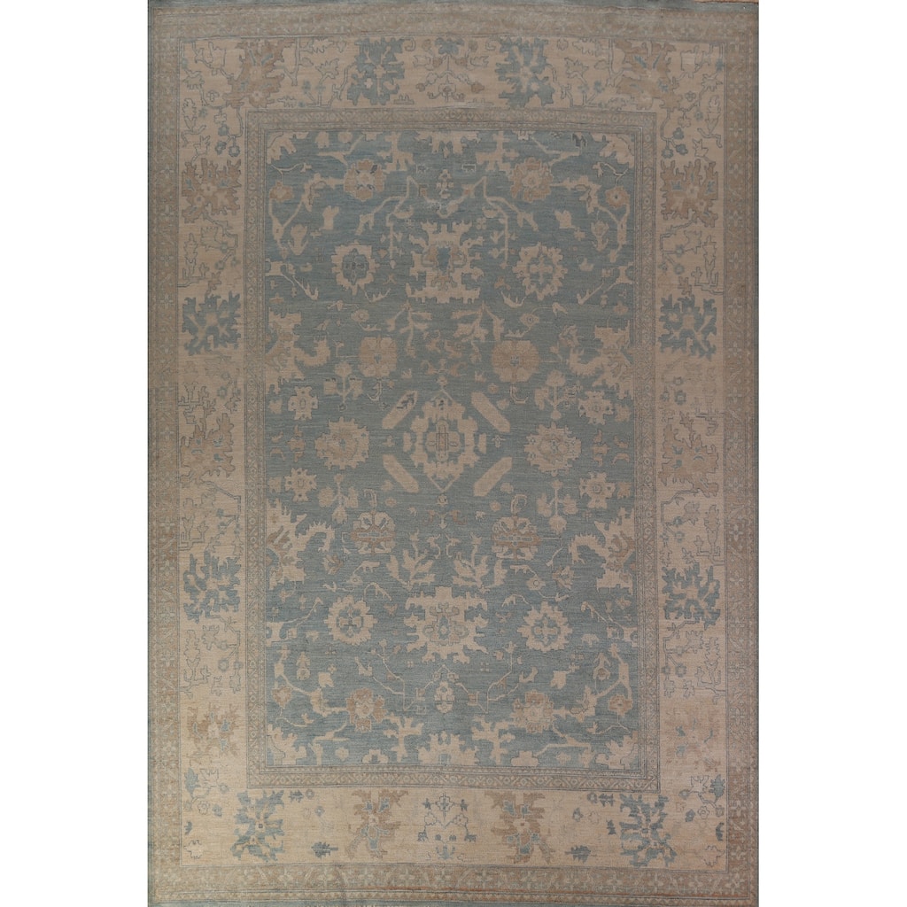 Floral Vegetable Dye Blue Oushak Turkishrug Hand-Knotted Wool Carpet - 9'7"x 13'3"