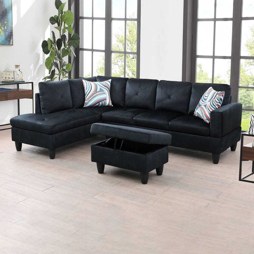 Modern Flannel Sectional Couch with Chaise and Ottoman-Large 3 Piece Sofa Set for Living Room