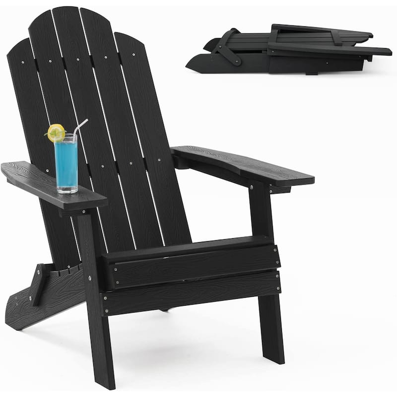 WINSOON All Weather HIPS Outdoor Set of 8 Folding Adirondack Chairs Garden Patio Chairs Fire Pit Chairs - Black x 8