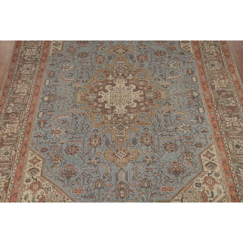 Geometric Blue Tabriz Persian Rug Hand-Knotted Traditional Wool Carpet - 8'3"x 11'2"