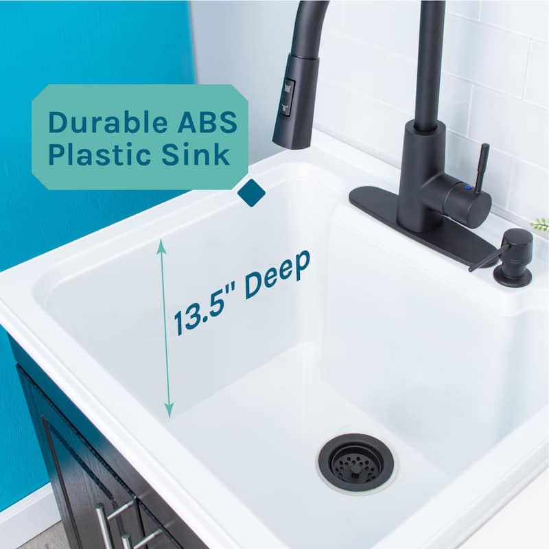 TEHILA Black Utility Sink Cabinet, High Arc Faucet, Soap Dispenser