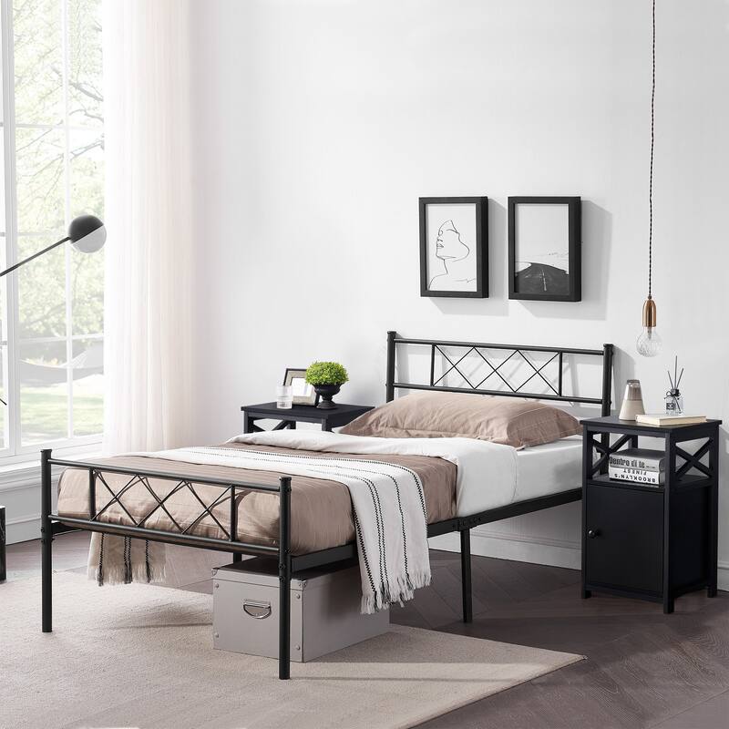 Taomika 3-Pieces Platform Bed Frame and Modern Nightstands Sets - Black - Twin