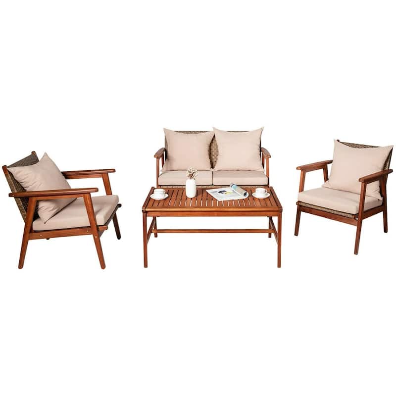 4 Piece Acacia Wood Patio Rattan Furniture Set with Cushions - 45" x 27.5"x 29.5" (L x W x H)