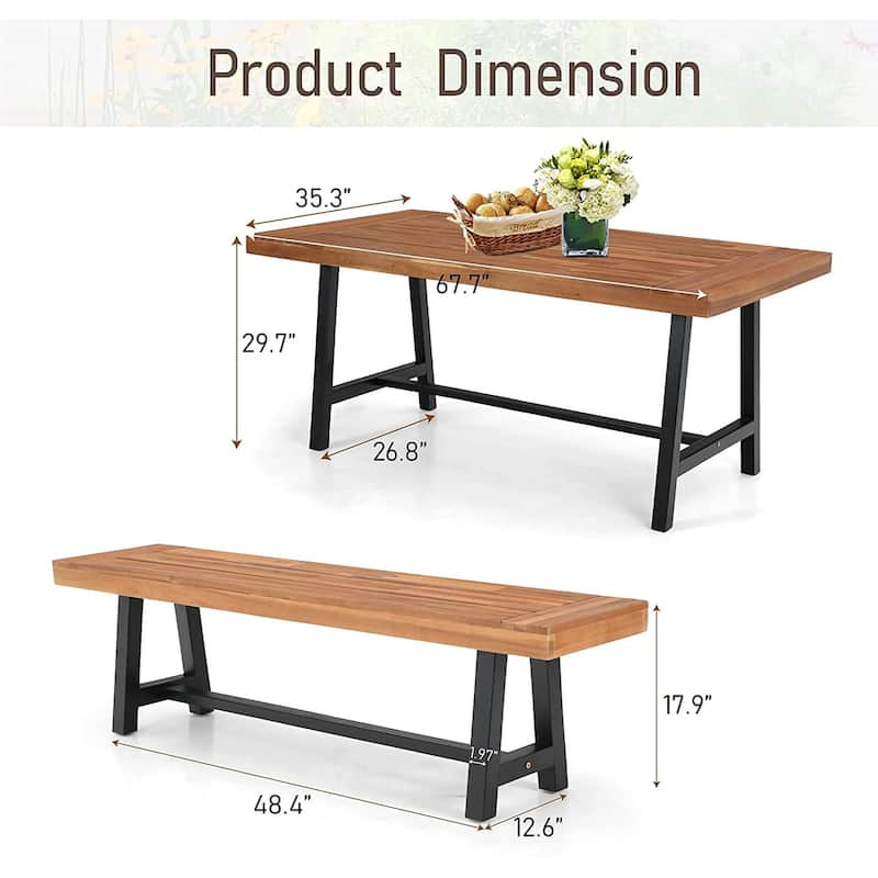 MAISON ARTS 3-Piece Patio Dining Table Set Acacia Wood with 1 Rectangular Table and 2 Benches