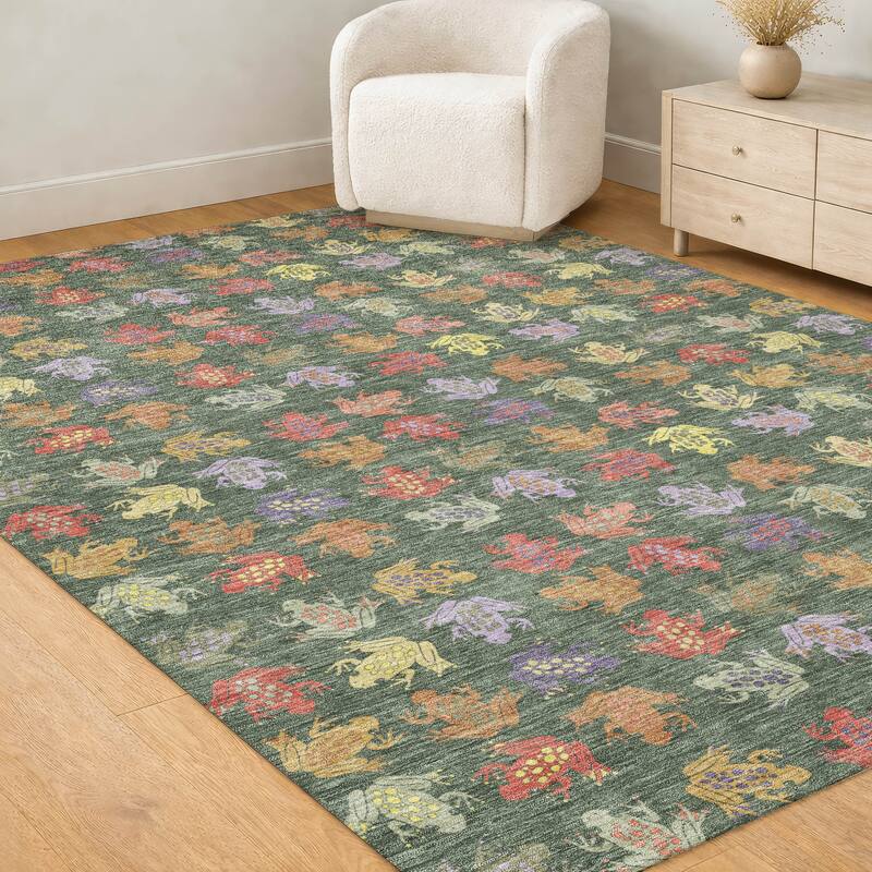 Machine Washable Indoor/ Outdoor Modern Frogs Chantille Rug
