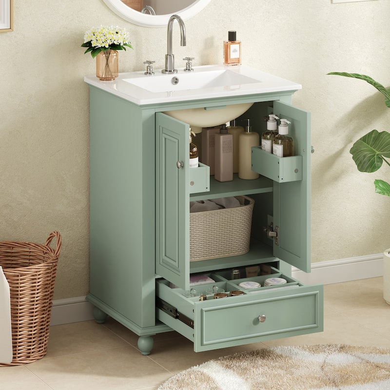 24" Bathroom Vanity with Ceramic Sink, Freestanding Storage Cabinet with Soft-Closing Doors & Drawer Dividers