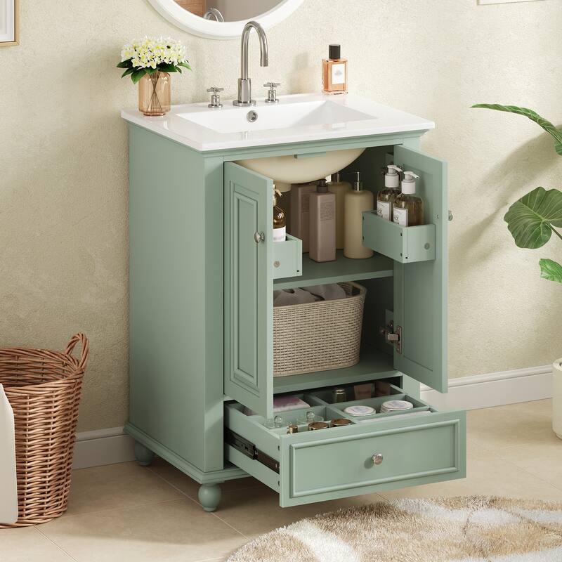 24"Bathroom Vanity with Ceramic Sink, Storage Cabinet with Soft Closing Doors, Bathroom Cabinet with Drawer and Drawer Dividers