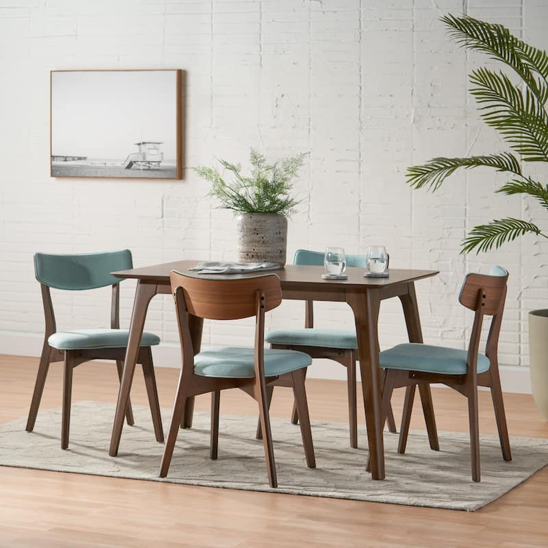 Christopher Knight Home - Megann Mid-Century Modern 5-Piece Rectangular Wood Dining Set with Upholstered Chairs - Natural Walnut + Mint