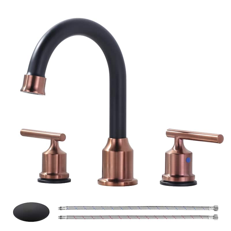 WOWOW 8 in. Widespread Double-Handle Bathroom Faucet with Drain Kit - Rose Gold and Black