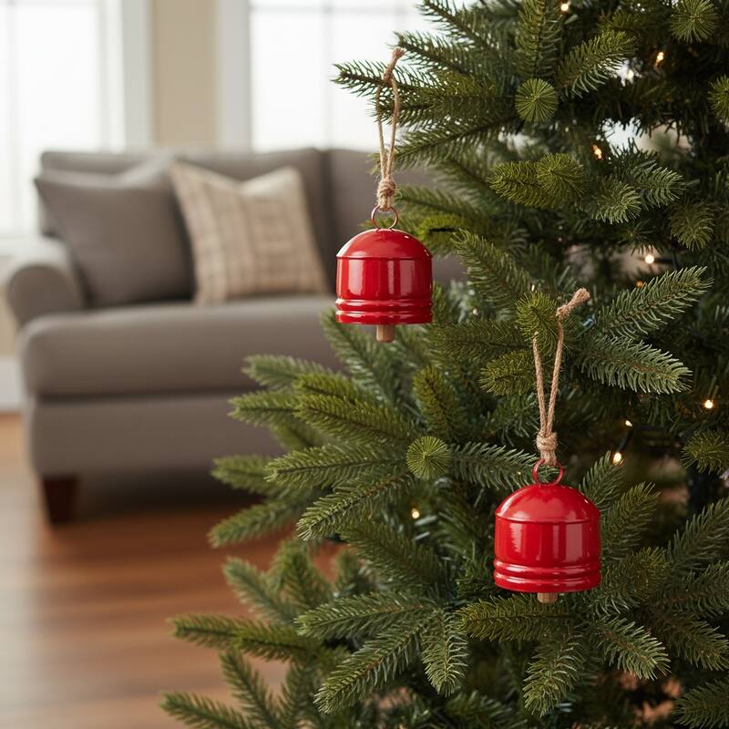 HomeRoots Set of Four Red And Natural Holiday Bell Shaped Ornaments - Metal - Brown/Red