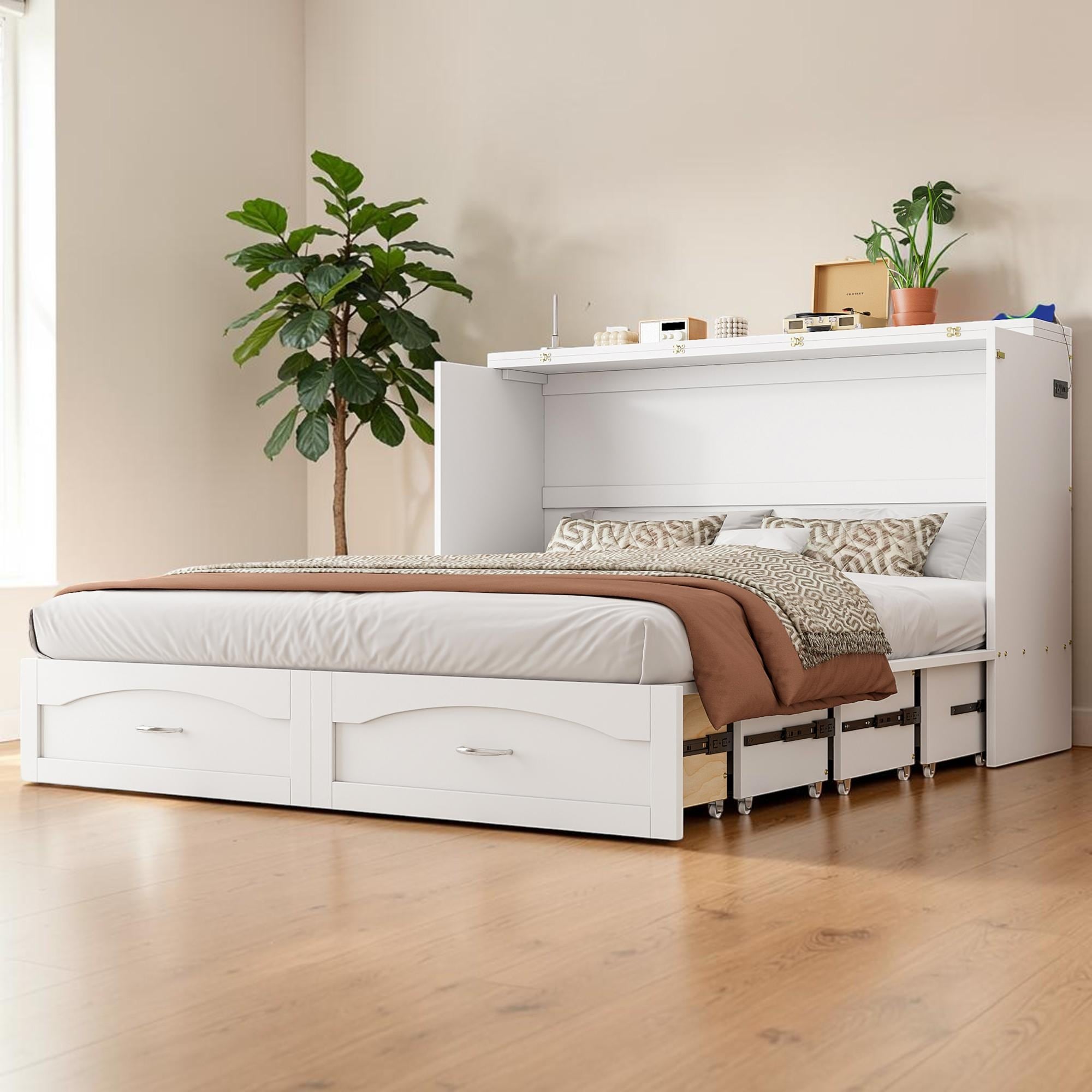 Queen Murphy Bed with Drawers, USB Ports and Power Outlet, Wall Bed Cabinet with Space Saving Design