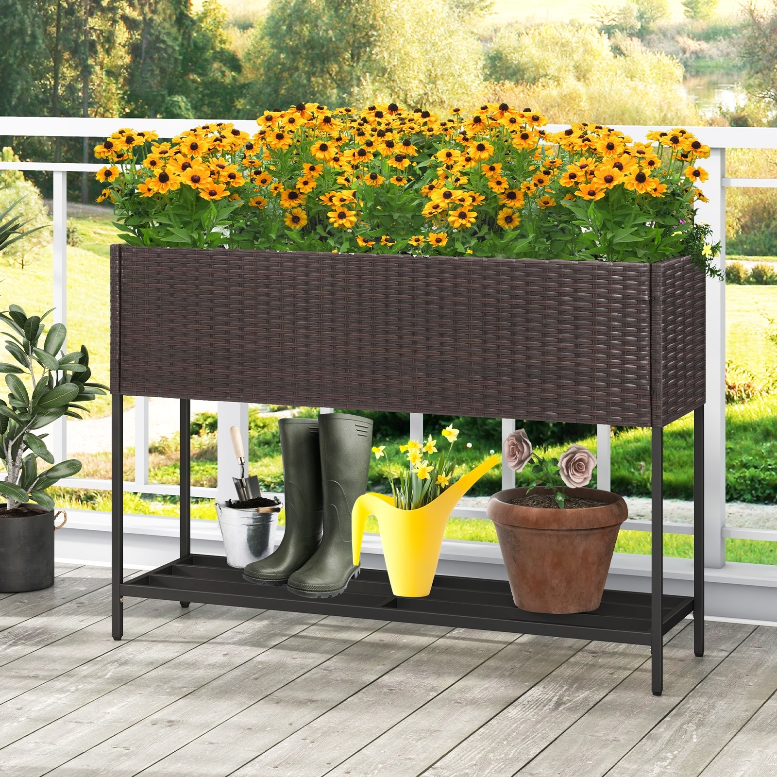 フラワー・ガーデニング NEIGHBORHOOD SRL . GARDEN BED / I-SHELF Wicker Raised Garden Bed with Storage Shelf & Drainage for