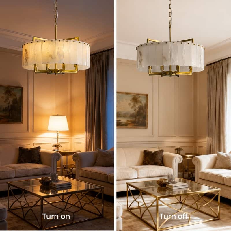 Modern 8-Light Round Gold Brass Chandelier with Marble Alabaster 23.6-Inch Drum Pendant Ceiling Light with Adjustable Chain