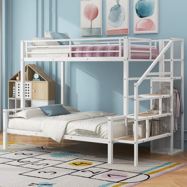 slide 2 of 30, Metal Twin over Full Bunk Bed with Storage Staircase and Open Wardrobe for Home White