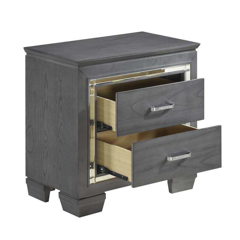 Glamorous Gray Nightstand, 2 Drawers, LED Lighting, Faux Crystals, Bar Pulls