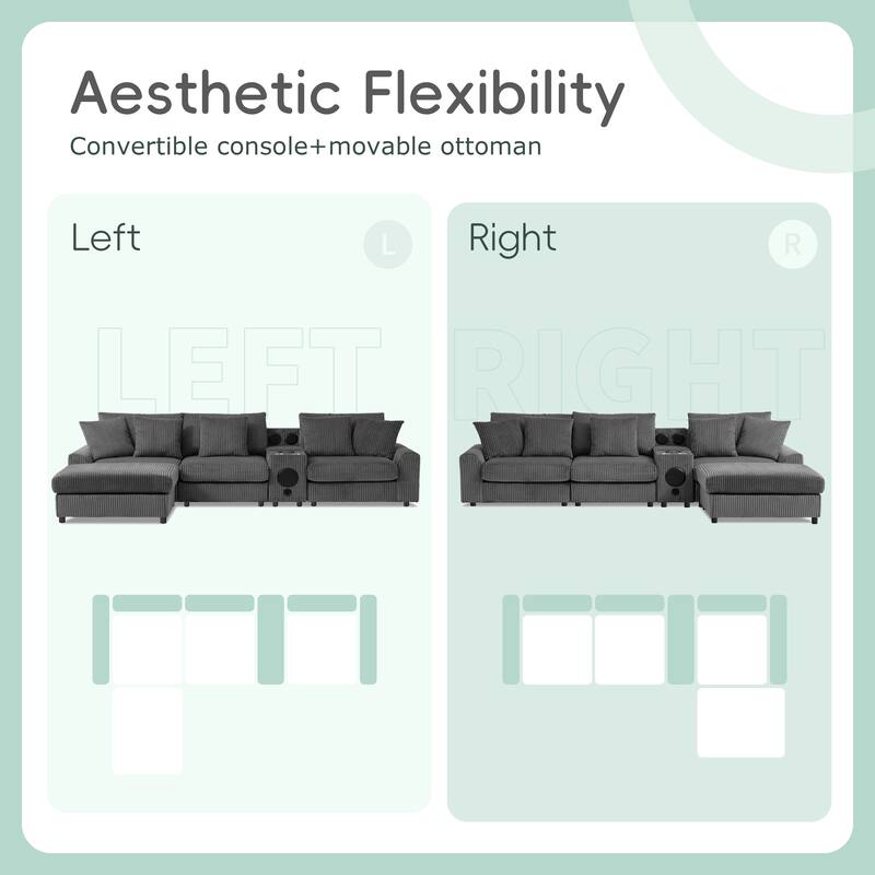 Corduroy Sectional Sofa With Bluetooth Speakers,L Shaped Couch With Console,Usb Charger,Cup Holders,Storage,Ottoman