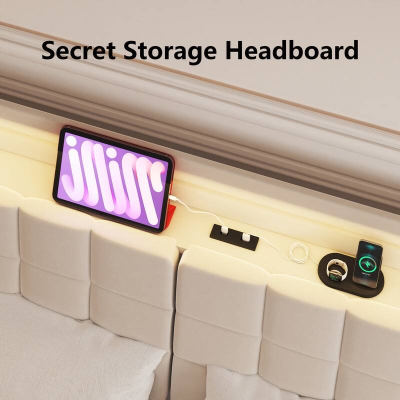 3-Pieces Bedroom Sets,Floating Bed Frame with LED Light and Charging Station and 2 Nightstand with Charging Station ,LED Lights