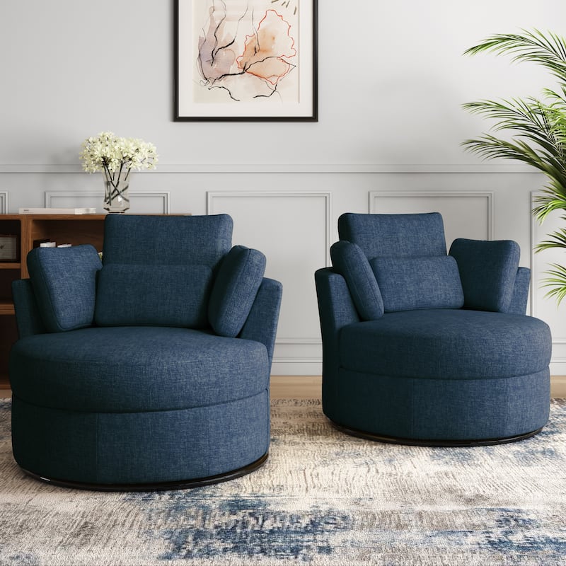 Upholstered Barrel Swivel Accent Chairs - Set of 2 - Navy Chenille