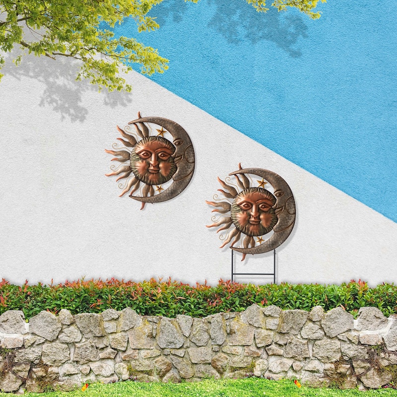 Glitzhome 36.25''H Metal Sun and Moon Wall Decor Yard Stake for Indoor and Outdoor