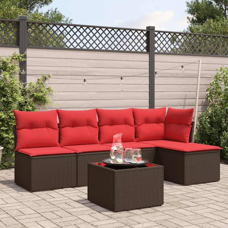 vidaXL 5/6 Piece Patio Sofa Set with Cushions Black/Brown/Gray Poly Rattan - 24.4 x 24.4 x 27.2 - Brown and red With table