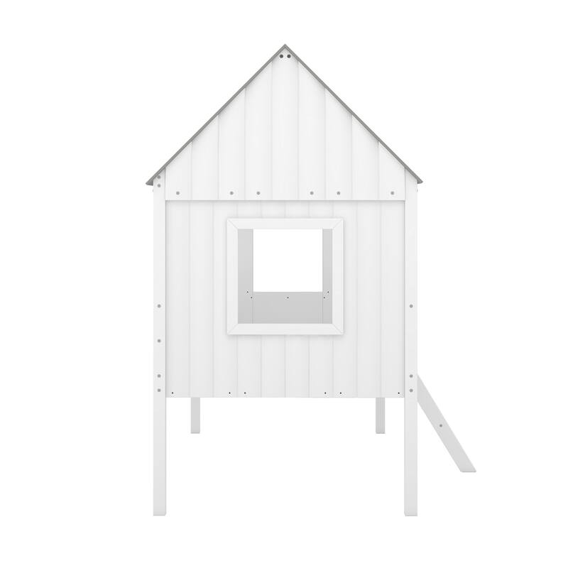 Twin Size Low Loft Wood House Bed with Two Side Windows