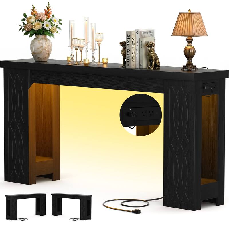 47" Farmhouse Console Table with RGB LED Light ＆ Power Outlets, Unique Carved Design Farmhouse Entryway Table Sofa Table