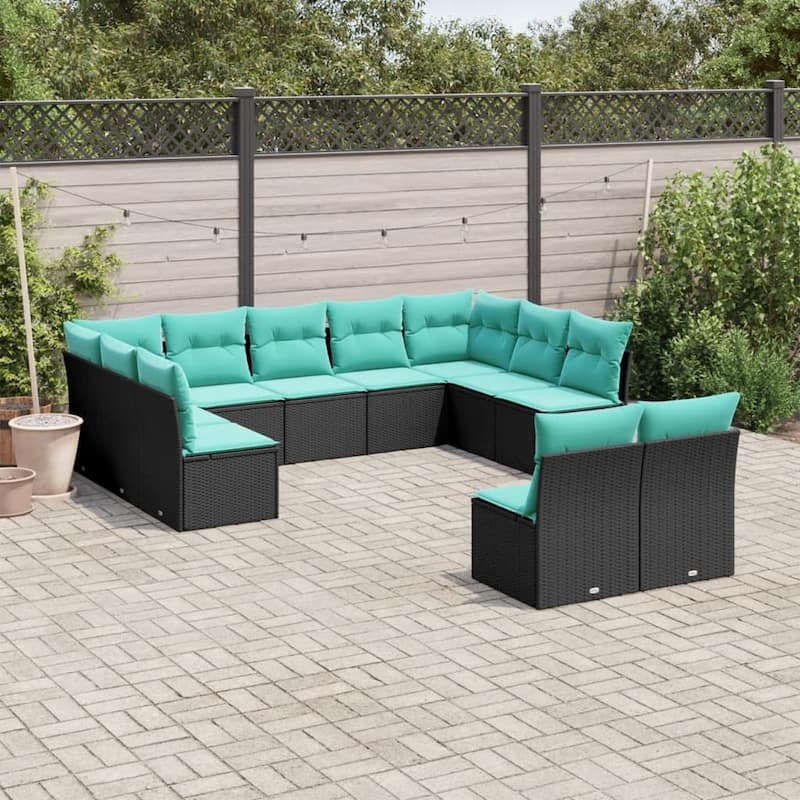 vidaXL 11 Piece Patio Sofa Set with Cushions Black Poly Rattan - Black - 24.4x27.2x24.4-Without table