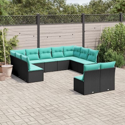 vidaXL 11 Piece Patio Sofa Set with Cushions Black Poly Rattan