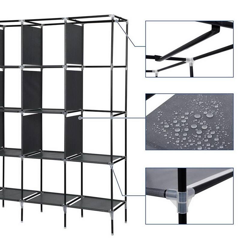 67" Clothes Closet Portable Wardrobe Clothes Storage Rack 12 Shelves 4 Side Pockets Grey