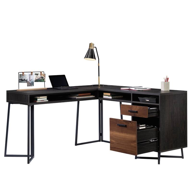 Wood L-Shaped Desk with 2 Drawers and Cubbyholes, Dark Walnut