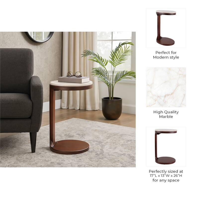 Marble Top Wood Modern C-Shaped End Table - Ivory, 26 in. - 17" x 13" x 26"