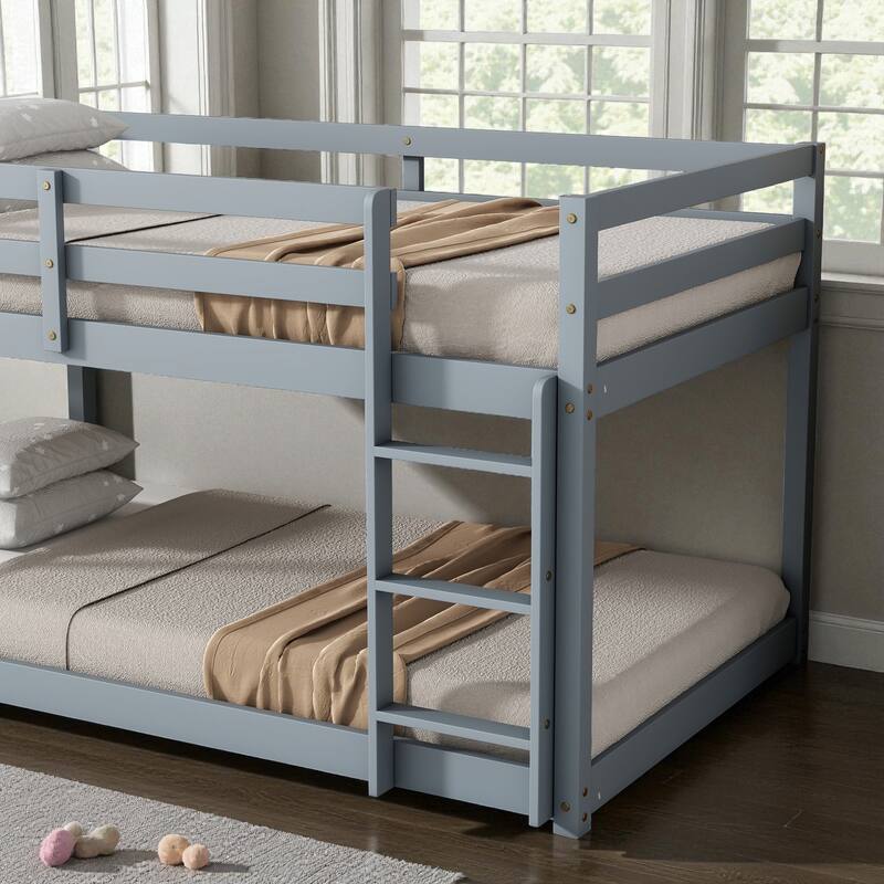 Solid Rubber Wood Twin Over Twin Floor Bunk Bed with Ladder, Low Height Design and Strengthened Slat Support