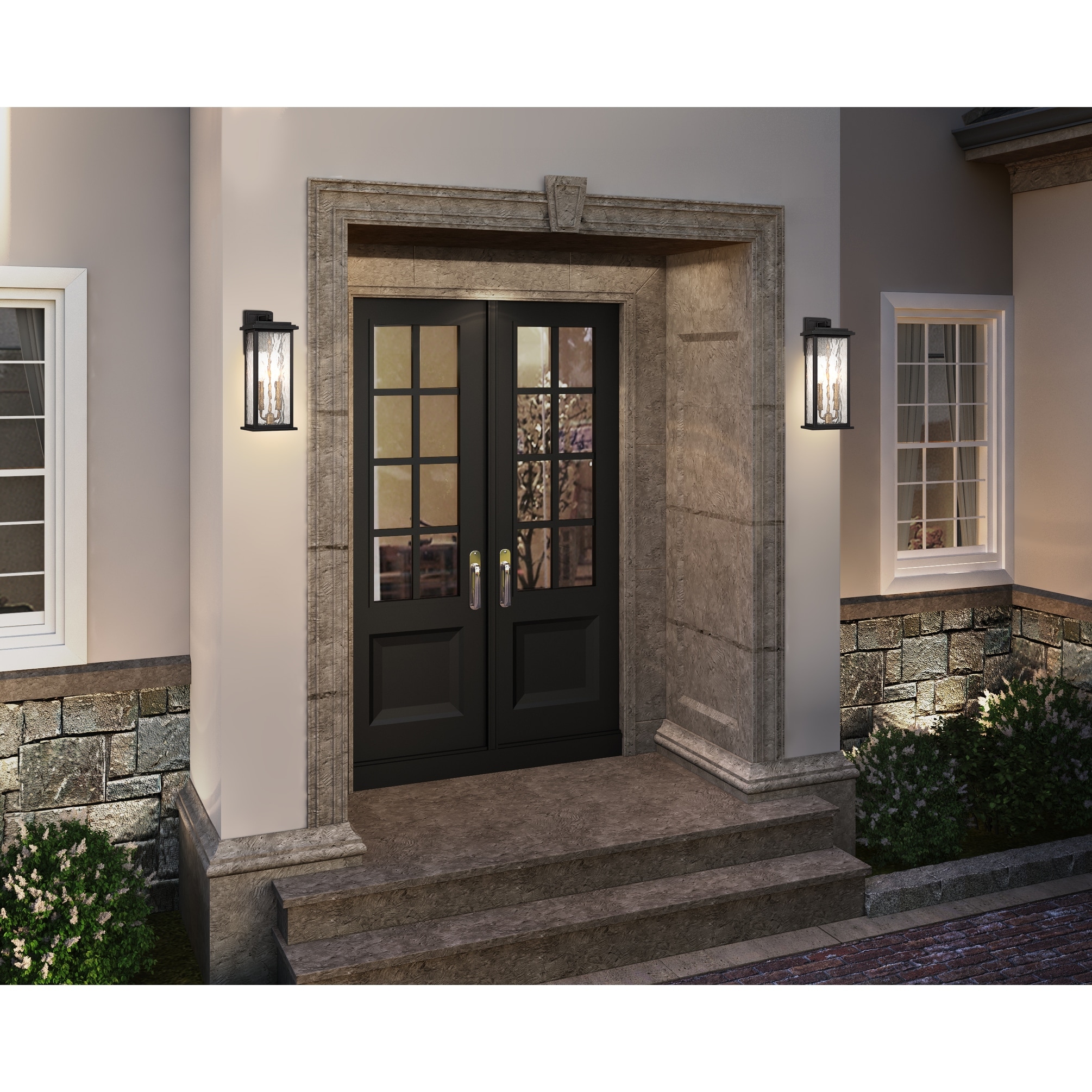 Artcraft Estate - 2-Light Outdoor Wall Sconce - Black with Brass Accent - Rain Glassware Shade