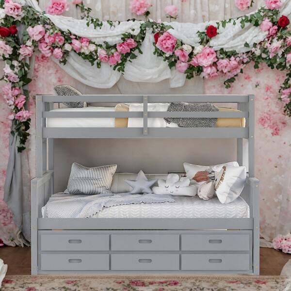 slide 2 of 57, Twin Over Full Bunk Bed With Twin size Trundle And Drawers Grey