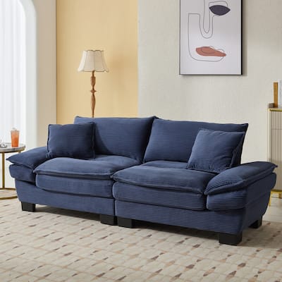 Blue Corduroy Upholstered Sofa Sleeper Loveseat with Pillows, 84x32x32 inches