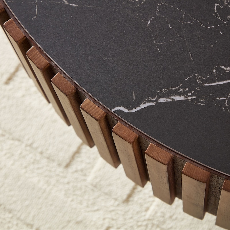 Luxury Round Coffee Table with Faux Marble Top, 35.43" Modern Low Drum Shape Cocktail Table for Living Room, Reception Room