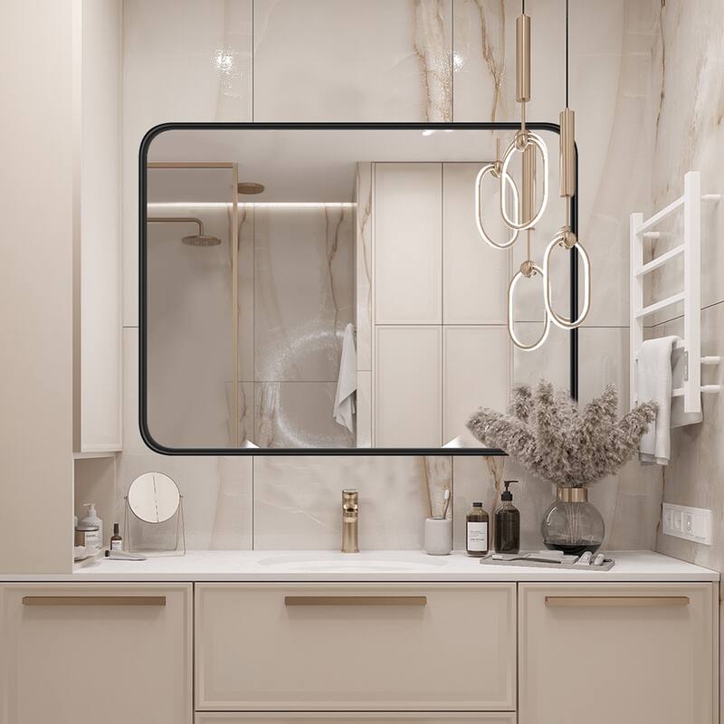 Matte Black Bathroom Mirror - Rustproof Framed Wall Mirror for Over Sink, Shatterproof Glass