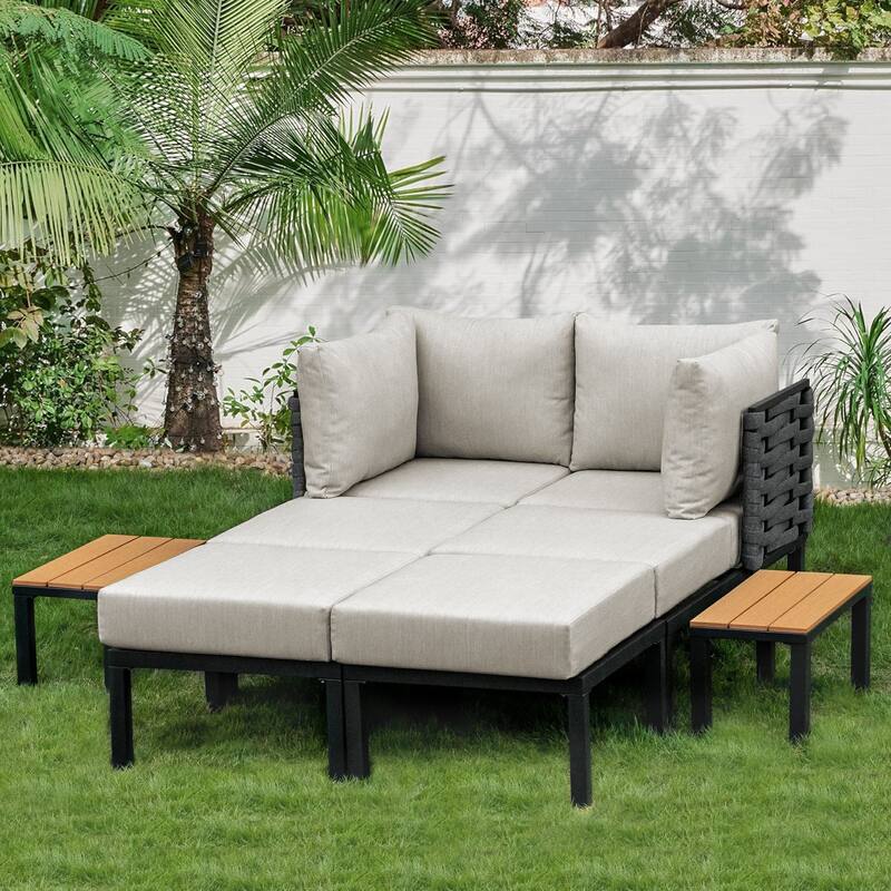 Patio Daybed, Outdoor Daybed Set with 6" Thickened Cushions, Outdoor Sun Bed with Detachable Table - 8-Piece