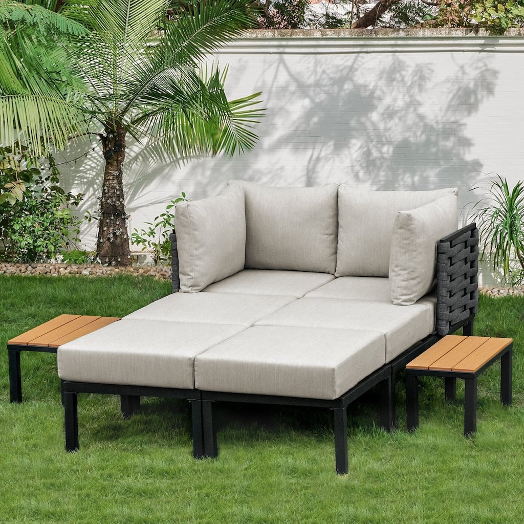 Patio Daybed, Outdoor Daybed Set with 6" Thickened Cushions, Outdoor Sun Bed with Detachable Table