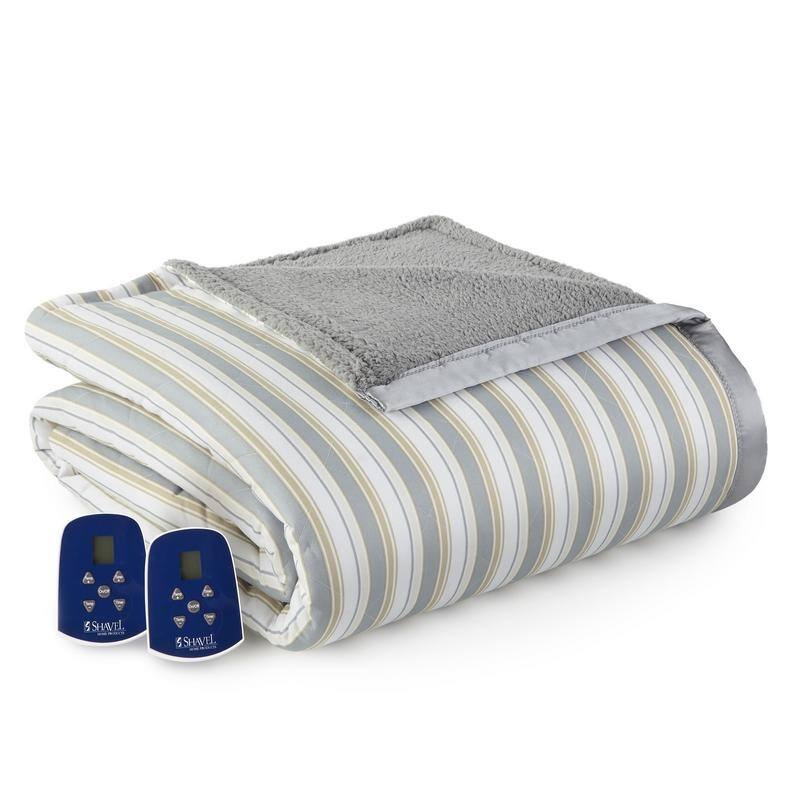 Shavel Quilted Micro Flannel® Sherpa 6-layer Heated Electric Blanket - Queen - Metro Stripe