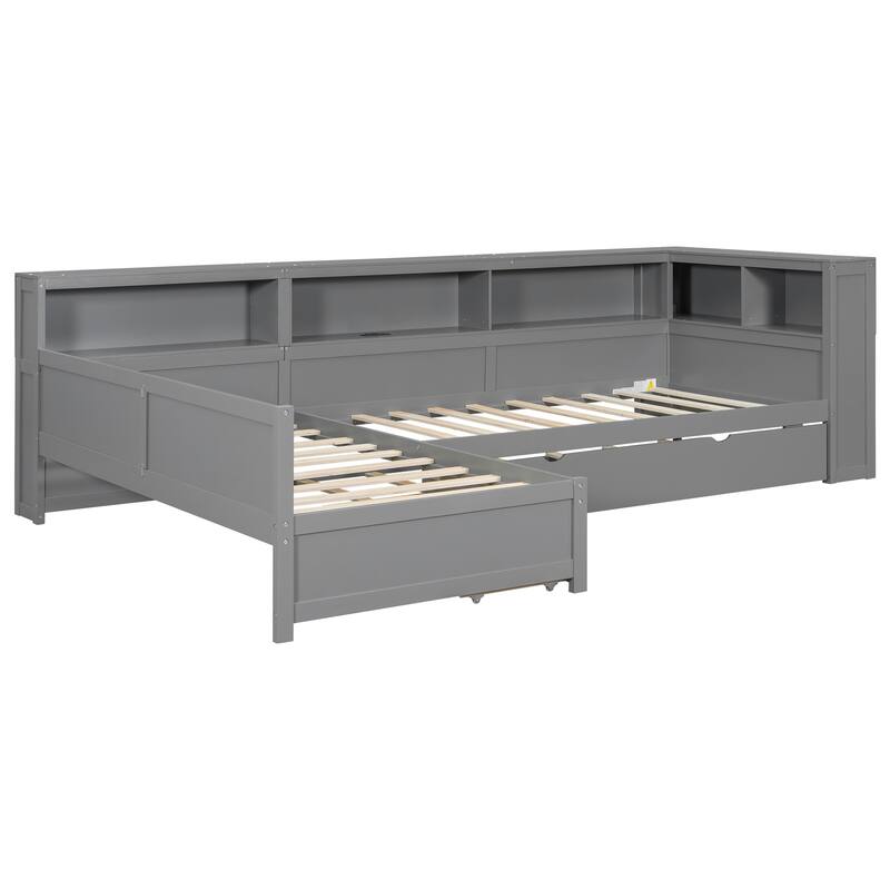 Wood Twin Size L-Shaped Platform Bed with Trundle Drawer Storage