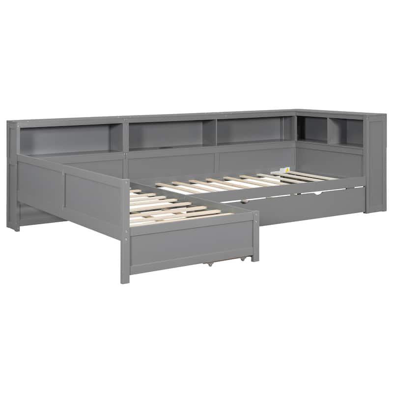 Wood Twin Size L-shaped Platform Bed with Trundle, Charging Station and Storage Shelves