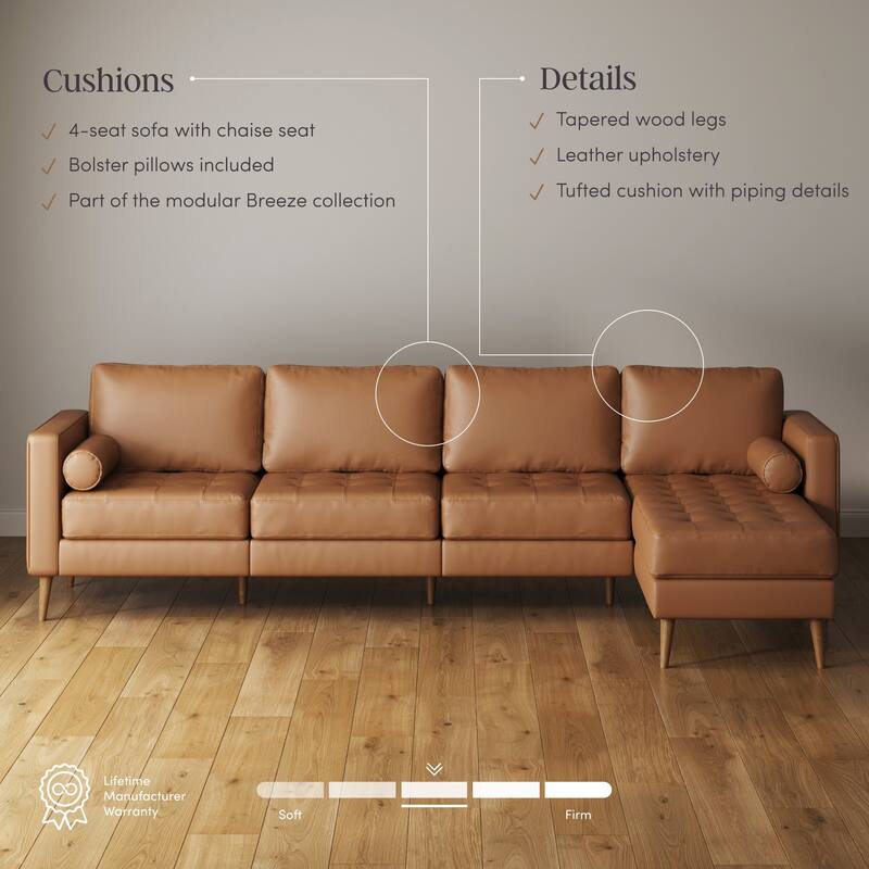 Breeze Mid Century Modern Sofa, Leather Couch with Tufted Cushion and Solid Wood Frame