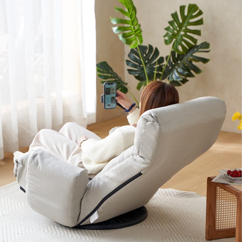 Gray Upholstered 360° Swivel Manual Leisure Recliner with Mobile Phone Holder, Adjustable Headrest and Backrest