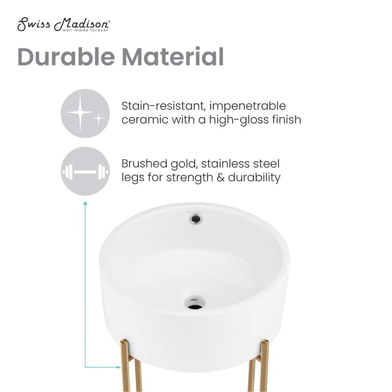 Monaco 16.5" Round Console Sink, White Basin Brushed Gold Legs - 16.14" x 16.14" x 6.5"