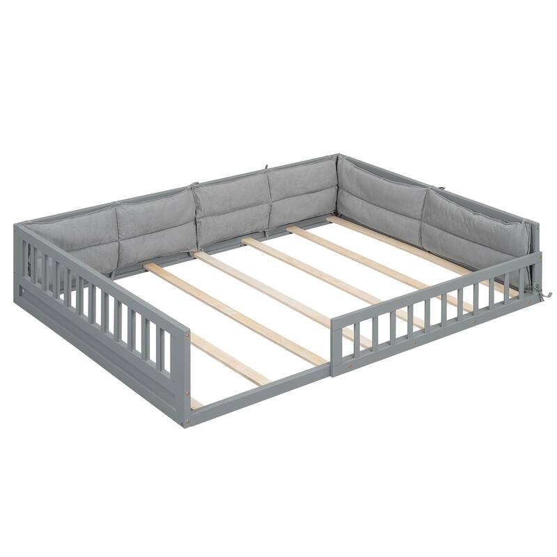 Full Size Upholstered Platform Bed Frame with Guardrail and Pillows, No Box Spring Required, Sturdy and Comfortable for Bedroom