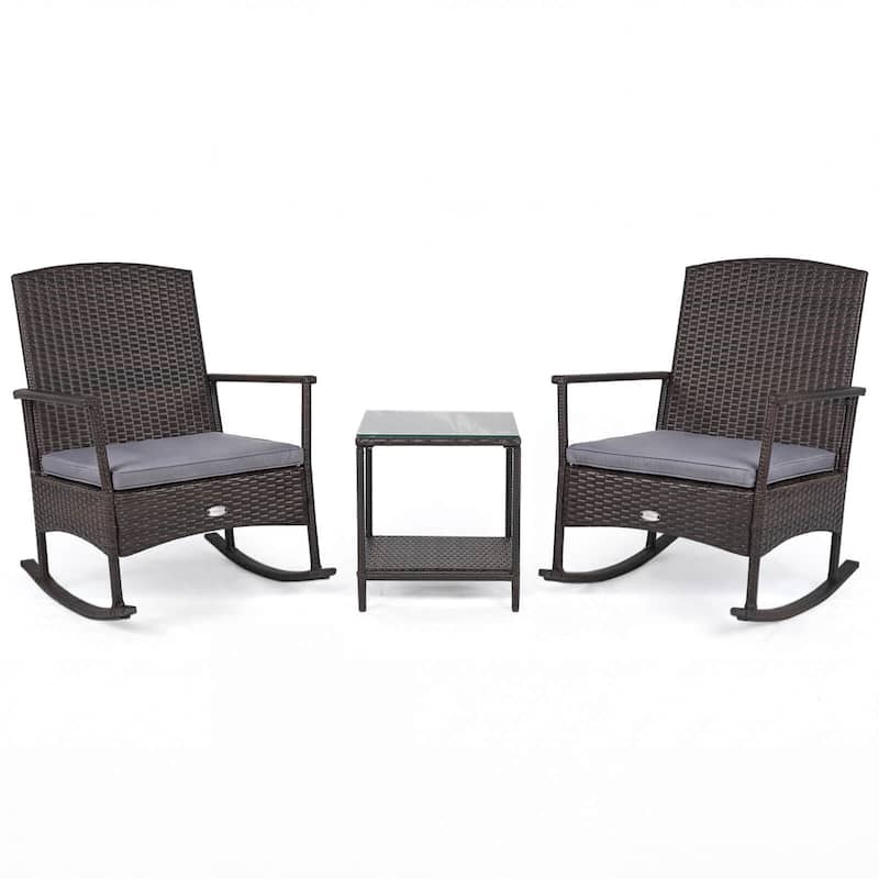 Gymax 3 Piece Patio Rocking Bistro Set 2 Rattan Armchairs w/ 2-Tier - Grey
